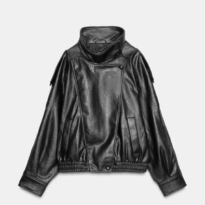ZARA Viral Funnel Neck Black Leather Jacket